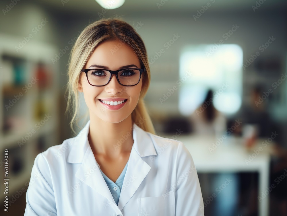 Young pretty smiling woman doctor portrait in medical class Young pretty smiling woman doctor portrait in medical class