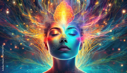 Vibrant explosive depiction human mind bursting with a spectrum  creative thoughts and ideas
