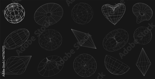 Retro futuristic wireframe elements for design. Abstract collection of frames, 3d shapes, wireframe. Blanks for a poster, banner, business card, sticker