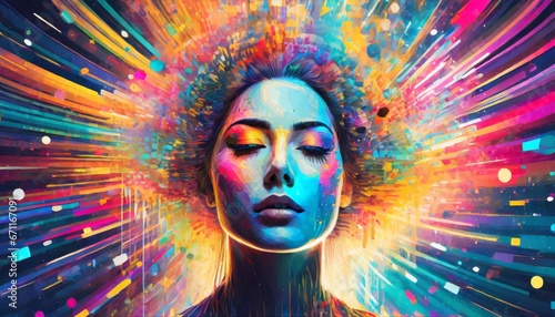 Vibrant explosive depiction human mind bursting with a spectrum, creative thoughts and ideas photo