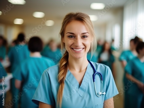 Young pretty smiling woman doctor portrait in medical class