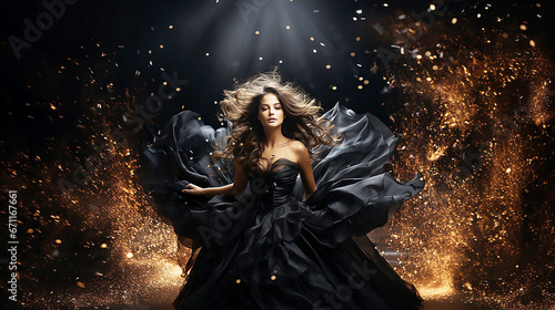fantasy mysterious woman dark queen bare long sexy luxurious black dress silk fly wind, Elegant hairstyle gothic lady. photo