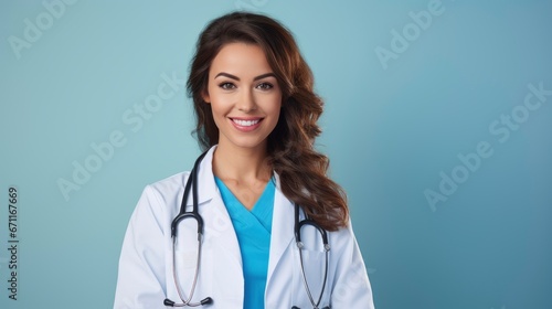 Smiling happy woman doctor standing on bright color background