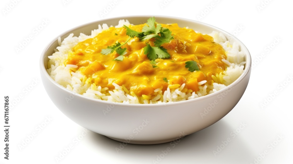 A white bowl filled with rice and sauce, curry with rice in a bowl A white bowl filled with rice and sauce, curry with rice in a bowl