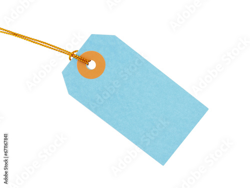 pastel blue price tag with gold strings isolated on transparent