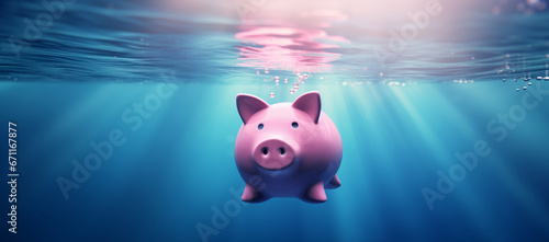 Pink piggy bank sinks underwater, drowning to the bottom of sea water - Concept of investment failure, financial risk, debt problem, bankruptcy, economy crisis