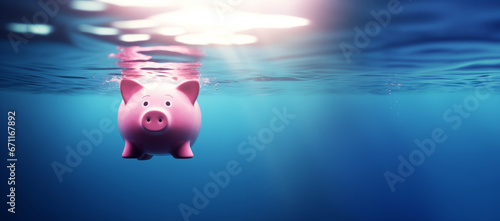 Pink piggy bank sinks underwater, drowning to the bottom of sea water - Concept of investment failure, financial risk, debt problem, bankruptcy, economy crisis