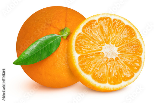 Whole and cut oranges on an isolated white background.