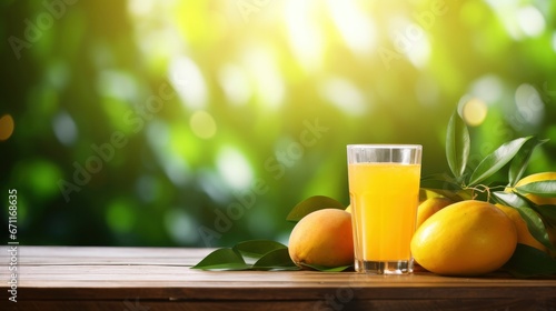 Glass of mango juice, ripe mango fruits with green leaves on wooden table. Natural background of mango trees. Fresh, sweet tropical fruit, template for design, advertising