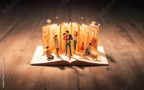 Storybook opens at the popup page It's a warm family picture Place it on the wooden floor photo