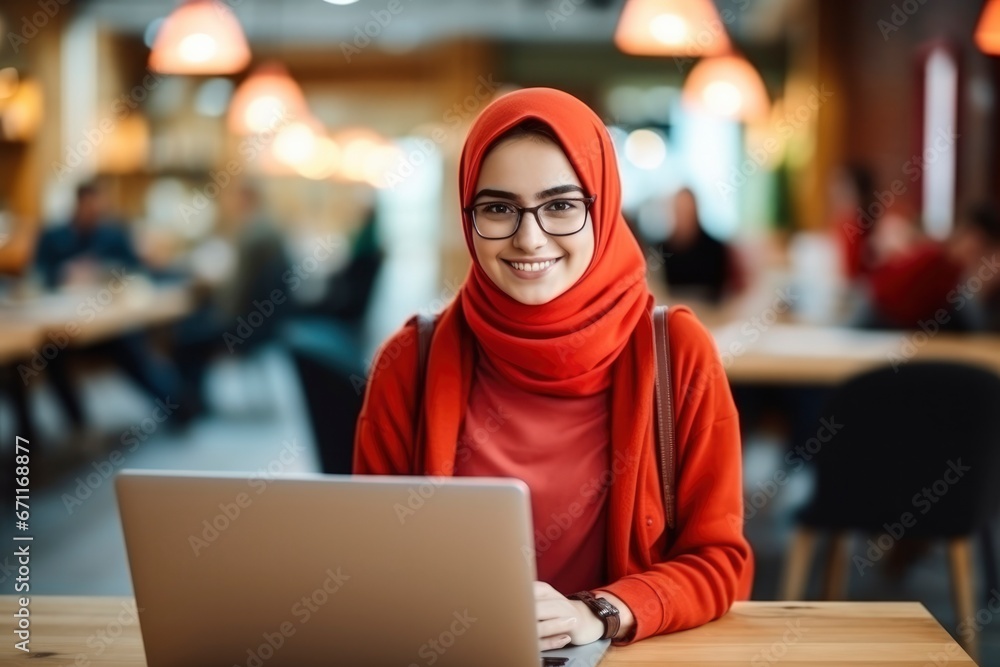 Attractive Muslim girl in hijab smiles and works on modern laptop at table in cafe on the street. Student watching lectures online, video call, young business lady freelancer Attractive Muslim girl in hijab smiles and works on modern laptop at table in cafe on the street. Student watching lectures online, video call, young business lady freelancer