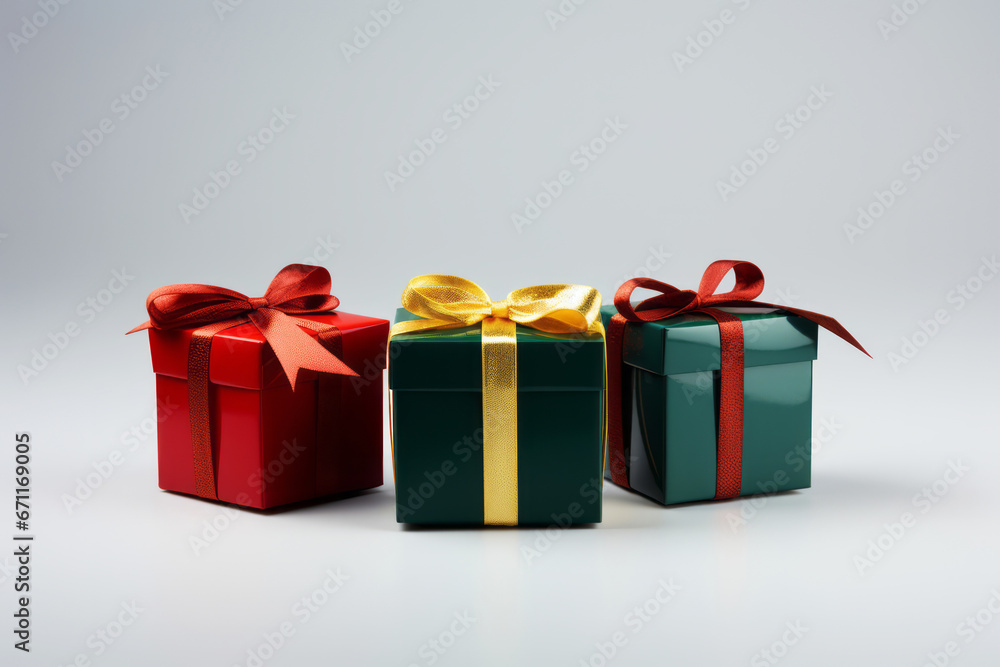 Obraz premium Three festive present boxes with ribbon and bow on light grey background. Winter holiday concept