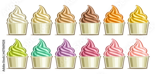 Vector Frozen Yogurt Set, banner with outline illustration of group variety ice cream, dairy flavour and berry tasty swirl frozen yogurts, collection cut out twisted ice creams in carton tube on white
