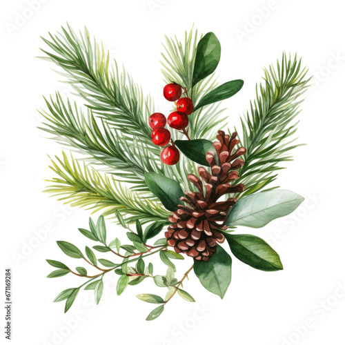 Coniferous watercolor twig with pine cone and red berry on white backdrop. Winter holiday celebration photo