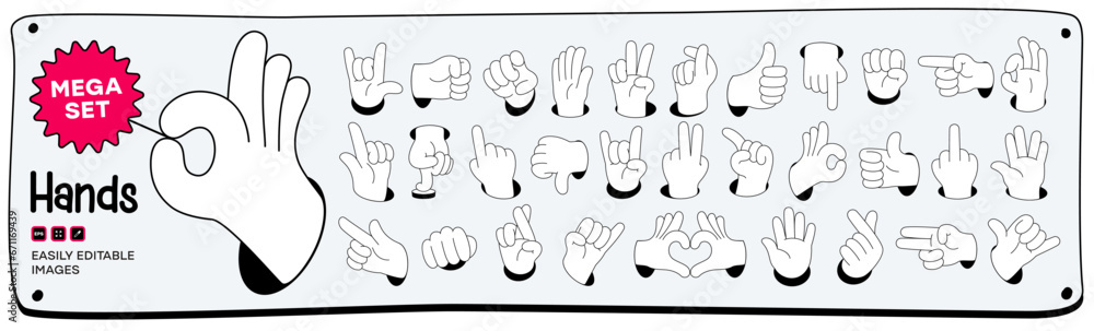 Fototapeta premium Mega set of Cartoon comic hands gestures with different signs and symbols. Gesturing human arms in doodle style. Hands poses. Vector illustration