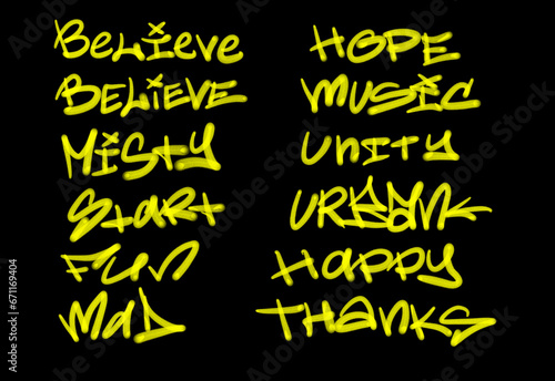 Collection of graffiti street art tags with words and symbols in yellow color on black background