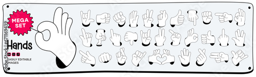 Mega set of Cartoon comic hands gestures with different signs and symbols. Gesturing human arms in doodle style. Hands poses. Vector illustration