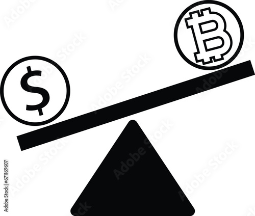 A Bitcoin and a dollar on a see-saw balance - The concept of financial leverage - Money Illustration, vector, icon design on White Background. Editable EPS file.