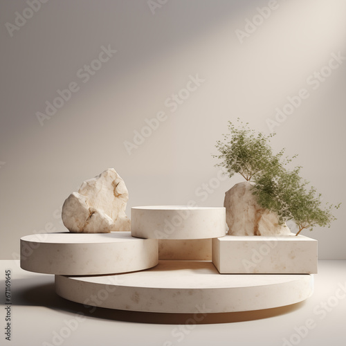 Minimalistic white stone podium stage for product presentation. Empty space for display