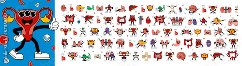 Mega set of retro human organs in funny comic cartoon style, gloved hands. Contemporary illustration with cute comic human organs characters. Doodle comic characters. contemporary cartoon style.