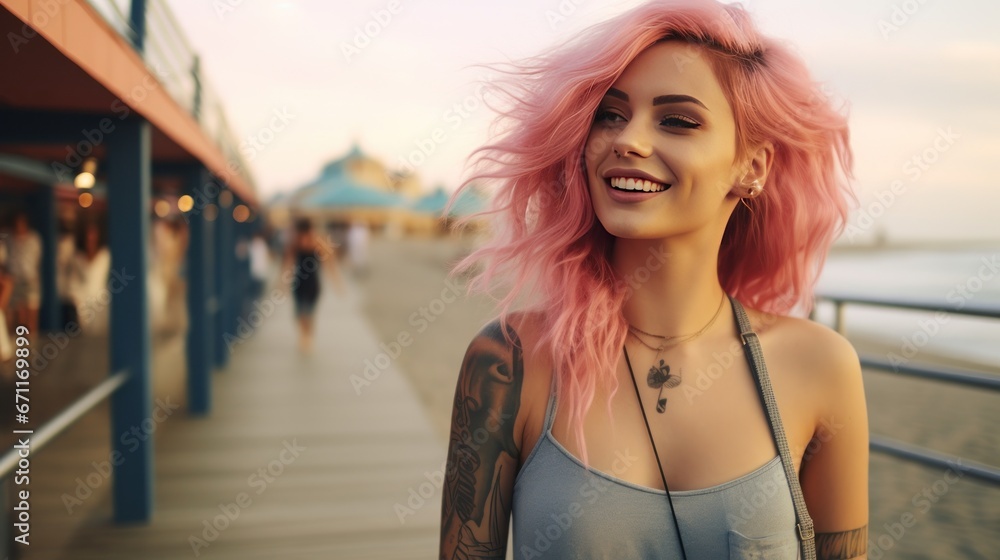 Beautiful young woman with striking pink hair and tattoos, generative ai