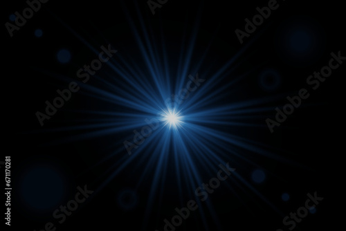 Blue bright star. Light effect bright explosion. Flash of light and glare. Light on a black background.