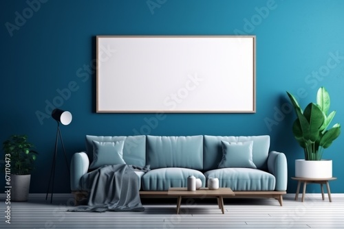 mock up poster frame in modern interior background, frame gallery wall over a boho cream couch with white and blue pillows on a jute natural rug over 