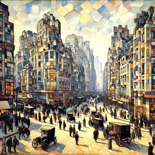 Cubist Painting of Traditional Historical 1900s 20th Century Busy City Street Town Alley Life View with Automobile Cars, People & Street Lamps, Urban Town American New York City USA Buildings Skyline