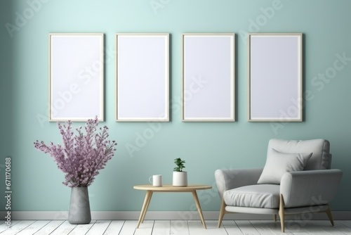 Interior poster mock up with three vertical empty wooden frames  gray sofa  plant and lamp in living room with white wall. 3D rendering.