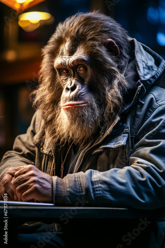 Close up of monkey wearing jacket and holding laptop.