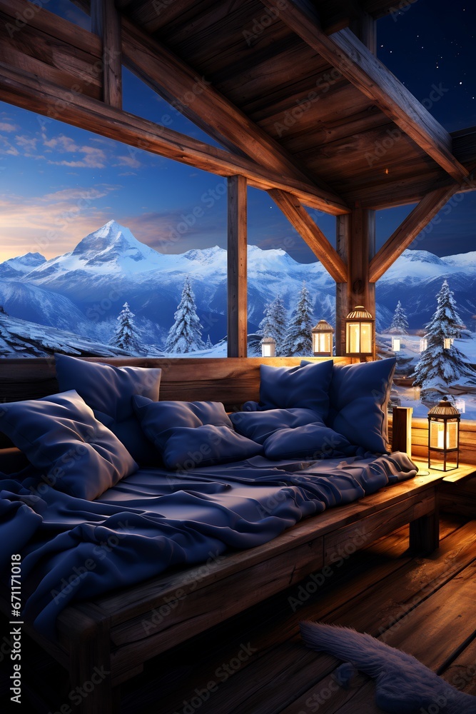 Bed sitting under window next to snow covered mountain. - obrazy, fototapety, plakaty 