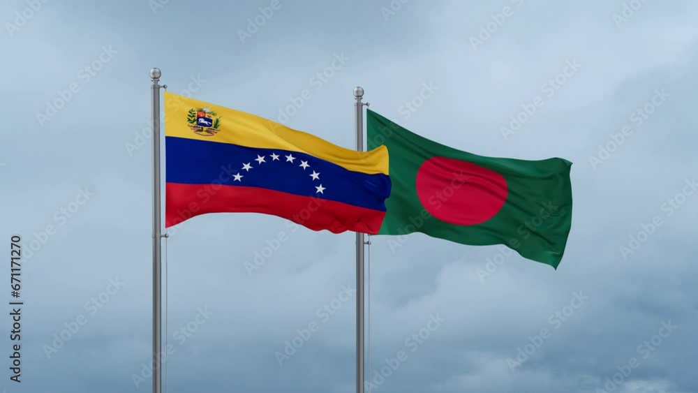 Bangladesh flag and Venezuela flag waving together on cloudy sky, endless seamless loop, two country relations concept Bangladesh flag and Venezuela flag waving together on cloudy sky, endless seamless loop, two country relations concept