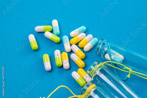 Various medications and vitamins, a pill bottle. Drugs use for treatment and cure the disease. 