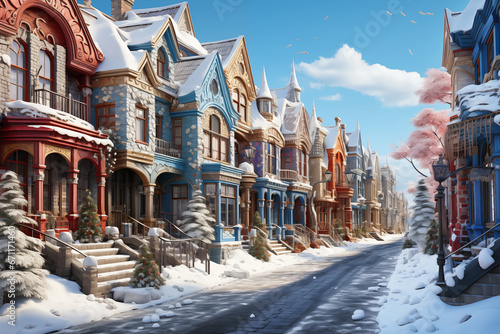 colorful houses on snowy winter street on sunny morning