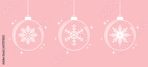 Christmas decorations set. Glass balls with a snowflakes inside on a pink background. Vector illustration
