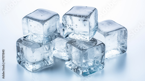 Ice cubes on white background. Close up. Shallow depth of field. 
