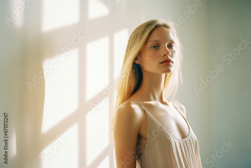 Woman model in minimalist soft environment