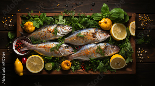Fresh uncooked dorado or sea bream fish with lemon, herbs, oil, vegetables and spices. Generative AI