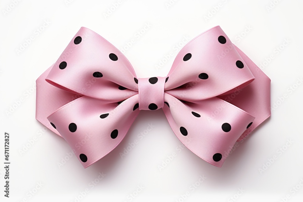 A pink bow with black dots on it