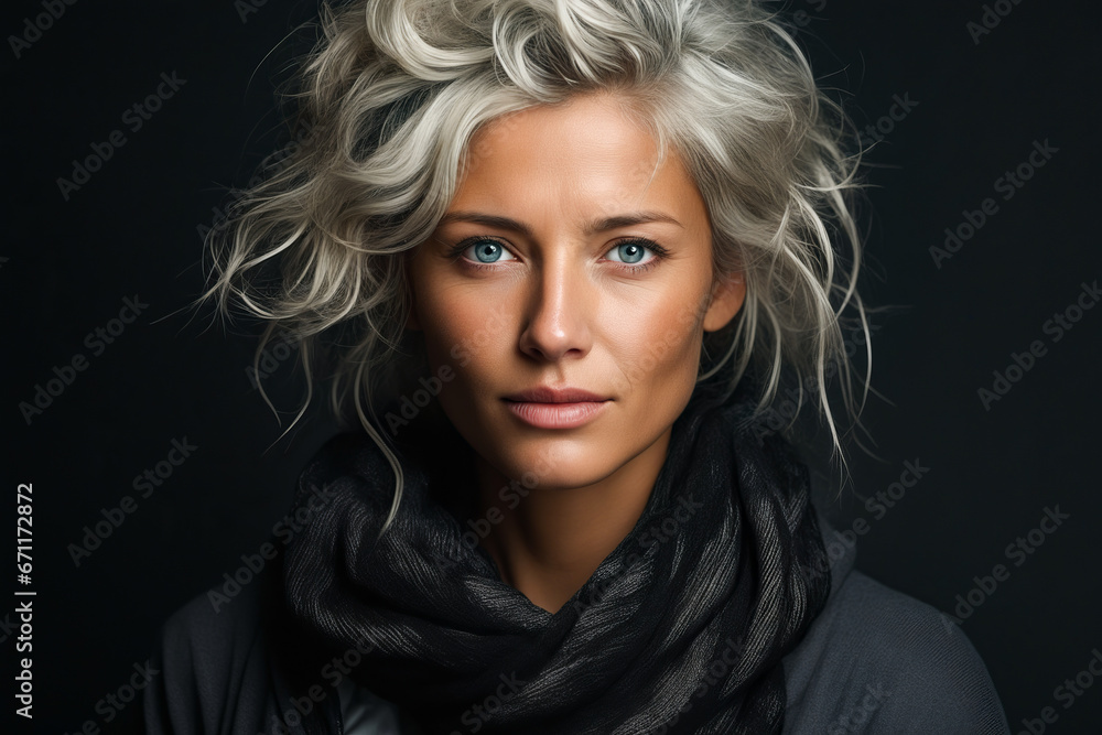 Woman with blonde hair and blue eyes wearing black scarf.