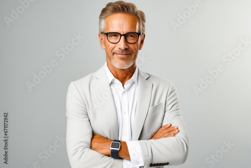 Man in white suit and glasses posing for picture. photo