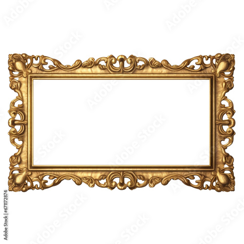 Vintage Baroque Rectangle Gold Frame isolated on transparent background PNG