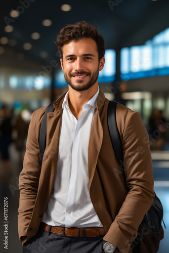 Man with backpack standing in airport smiling for the camera.