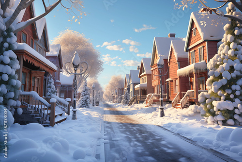 sunny morning in a cute neighborhood during winter season photo