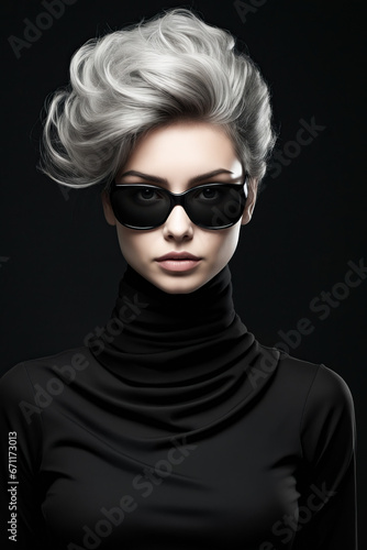 Woman with grey hair wearing black sunglasses and black turtle neck top.