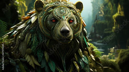 front-center view of beaded bear on the fantasy forest. Generative AI