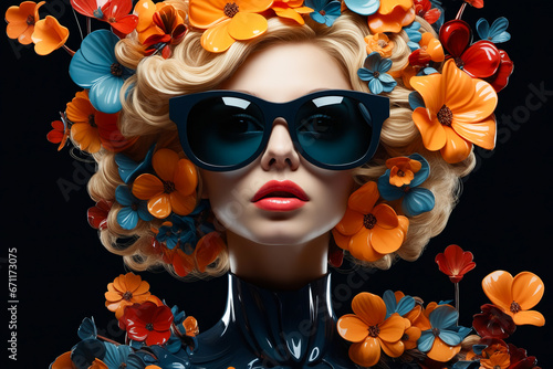 Woman with sunglasses and flowers in her hair and black dress.