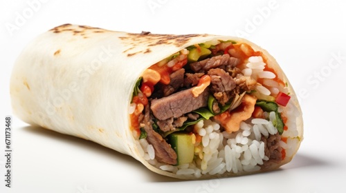 A burrito filled with meat, rice and vegetables