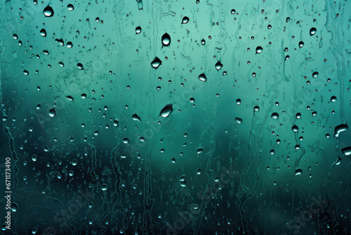 Teal Raindrops on Glass Background