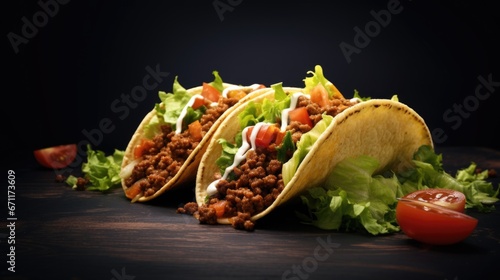 Three tacos sitting on top of a wooden table